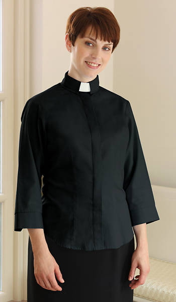 Picture of Three-Quarter Length Sleeve Clergy Blouse with Tab Collar BLACK - 14
